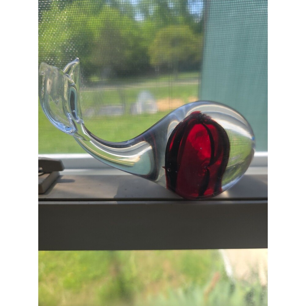 Vintage Art Glass Whale Paperweight Clear Red Black Stripes 5" Long Blown - Picture 2 of 7